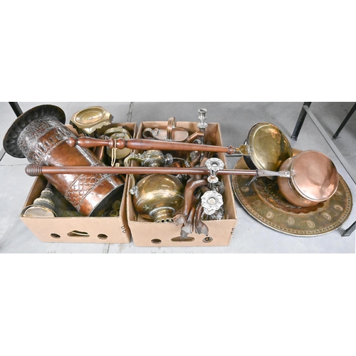 765 - Miscellaneous copper, brass and other metalware, 19th c and later, including watering cans, Middle E... 