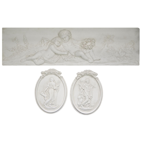 766 - An antique-style moulded plaster relief, featuring a pair of putti, 34 x 118cm and a pair of similar... 