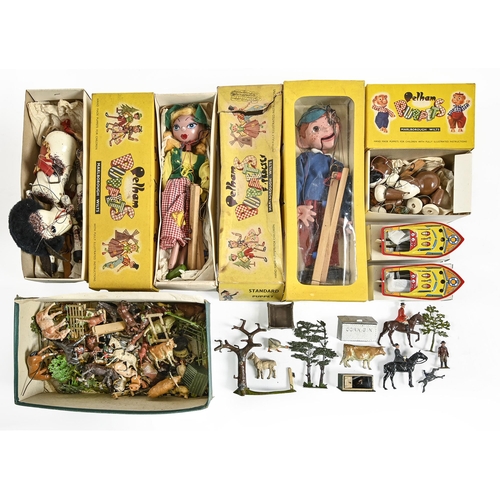 771 - Vintage toys, including William Britains and other lead cast farm animals and four Pelham puppets, a... 