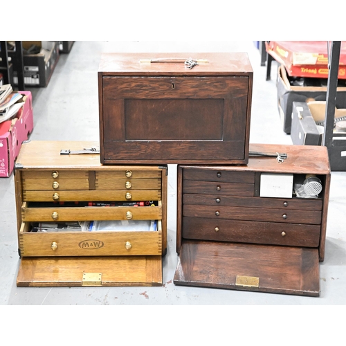 776 - A stained oak tool chest, 29cm h, two other similar chests and miscellaneous tools