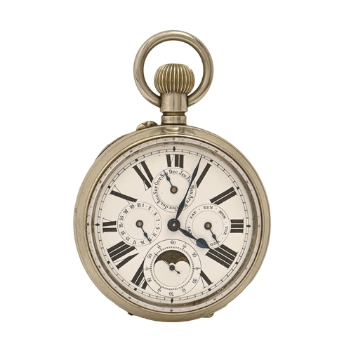 79 - A Swiss nickel plated brass keyless lever watch, c1900, with lunar work and three subsidiary dials f... 