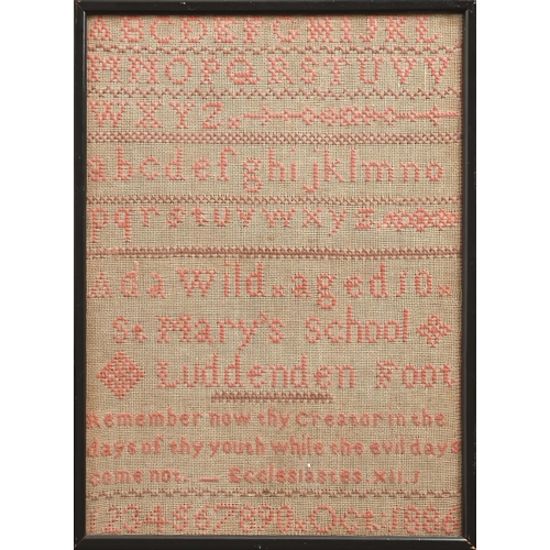 791 - A Victorian sampler, dated 1886, worked in red wool on undyed wool, by Ada Wild, aged 10, St Mary's ... 