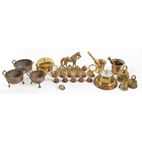 794 - A bronze pestle and mortar, 19th c, brass aneroid barometer and miscellaneous other brass and copper... 