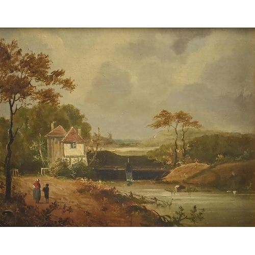 892 - Norwich School follower, 19th century – River Scene with Windmill, oil on panel, 16 x 21.5cm... 