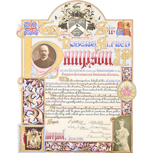 908 - Politics. An illuminated card address, To Sir Robert Alfred Hampson, JP, On His Retirement from the ... 