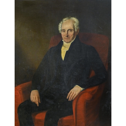 912 - English School, 19th century – Portrait of a Gentleman, seated half length in white stock and ... 