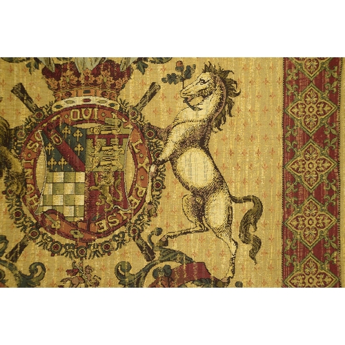 936 - An antique style machine tapestry, decorated with a coat of arms, 175 x 132cm and another... 