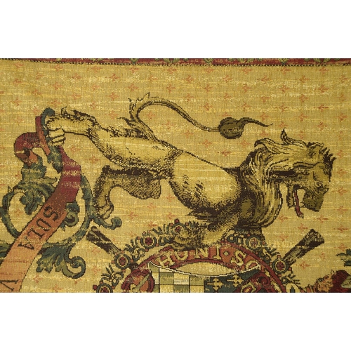 936 - An antique style machine tapestry, decorated with a coat of arms, 175 x 132cm and another... 