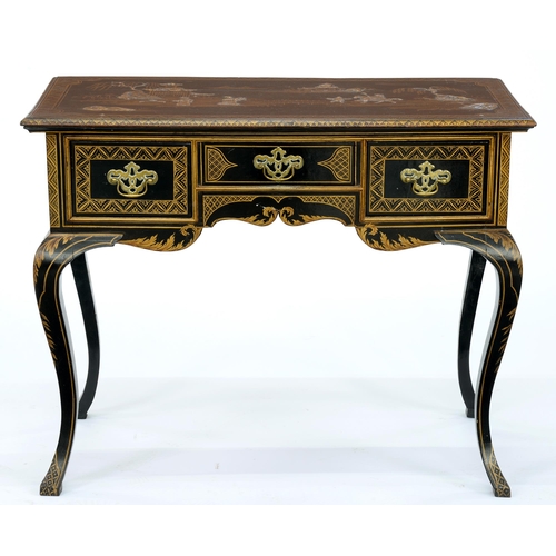 962 - A black japanned lowboy, c1920, decorated with chinoiseries, pierced brass handles, the drawers oak-... 