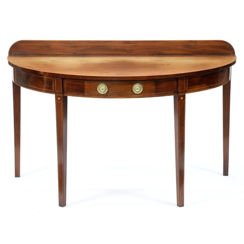 967 - A Victorian semicircular mahogany and line inlaid side table, 49cm h; 65 x 127cm