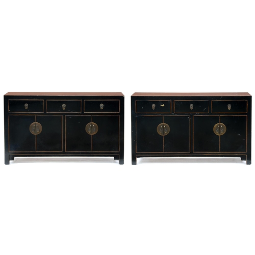 969 - A pair of South East Asian black painted side cabinets, 20th c, with brass furniture, 84cm h; 33 x 1... 