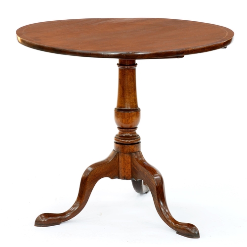 976 - A George III mahogany tripod table, the round top with later boxwood stringing, 71cm h, 80cm diam... 