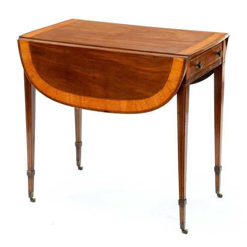 992 - A George III mahogany and satinwood Pembroke table, crossbanded in rosewood, on brass castors, 74cm ... 