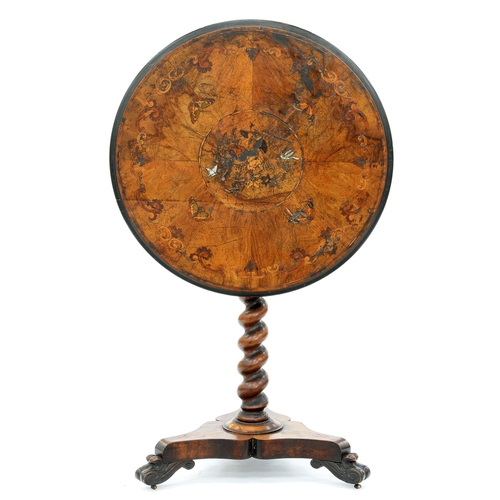 994 - A Victorian walnut and inlaid pedestal table, on spiral pillar and three volute feet, 74cm h, 65cm d... 