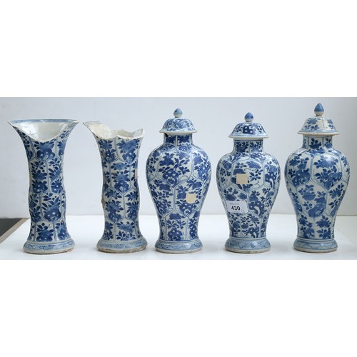 436C - A Chinese blue and white five-piece garniture from the Vung Tau Cargo, Kangxi, c1690, comprisin... 