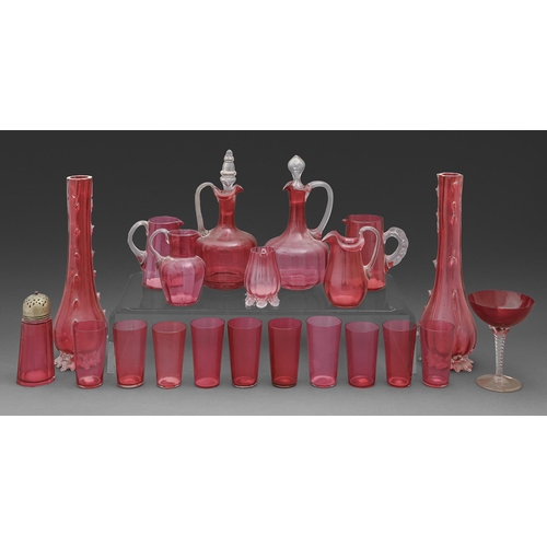 119 - Miscellaneous cranberry glass, 19th c, to include a pair of vases and two decanters, 33cm h and smal... 