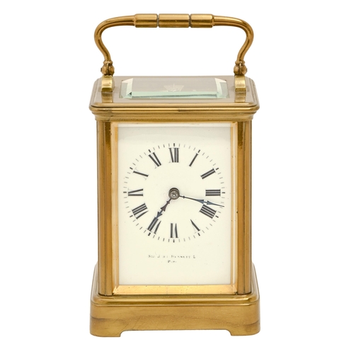 216 - A French brass carriage timepiece, Sir John Bennett, Paris, early 20th c, with enamel dial and blue ... 