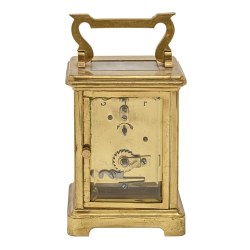 217 - A French brass carriage timepiece, with platform escapement and bevelled glass, back plate stamped S... 