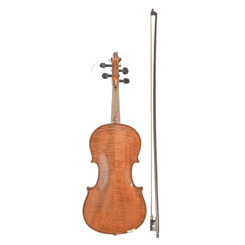 248 - A German violin, c1900, length of back 36.3cm, and a bow, in black painted wood case... 