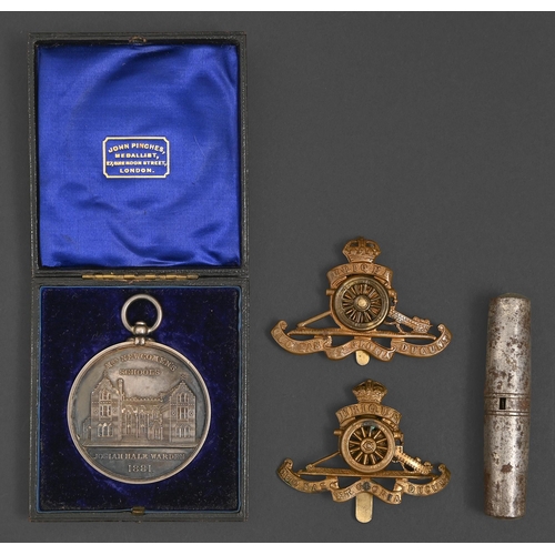 285 - Mrs Newcomen's School's silver proficicency medal 1898, 51mm diam, morocco case, 71.7g, a steel pock... 