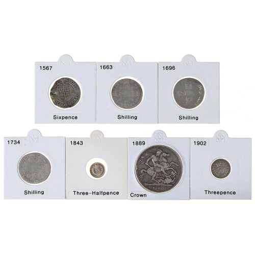 301 - Coins. Great Britain, 1½d 1843; 3d 1902; Sixpence 1567; Shillings 1663, 1696, 1734; Crown 1889, firs... 