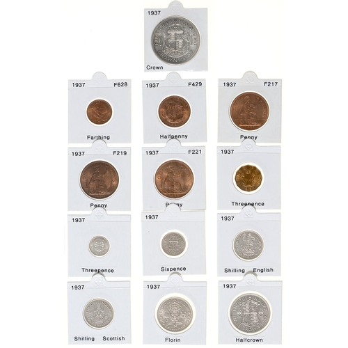 308 - Coins. Great Britain, George VI, 1937, Bronze and Silver set, ¼d, ½d, 1d(2), 3d, 6d, 1/-, Florin, Ha... 