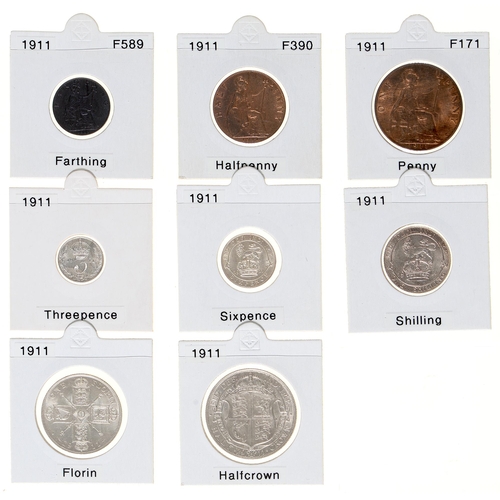 310 - Coins. Great Britain, George V, 1911, Bronze and Silver set, ¼d dark finish, ½d, 1d, 3d, 6d, 1/-, Fl... 