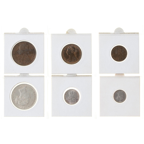 313 - Coins. Great Britain, Queen Victoria, Young Head, 1887, Bronze and Silver part set, ¼d, ½d, 1d, 3d, ... 