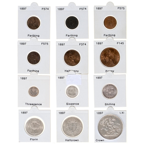 315 - Coins. Great Britain, Queen Victoria, Veiled Head, 1897, Bronze and Silver set, ¼d(4), ½d, 1d, 3d, 6... 