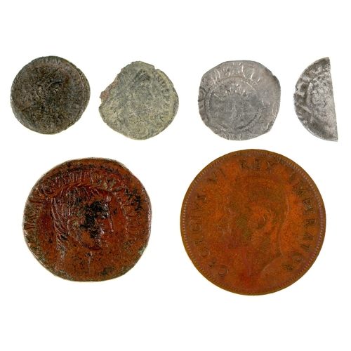 319 - Coins. Edward II penny, a hammered silver halfpenny and four various other coins (6)... 