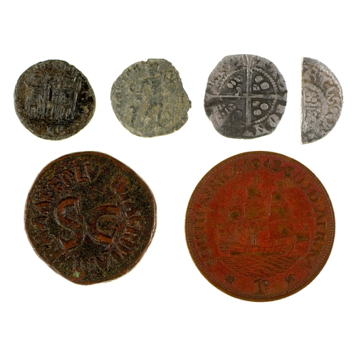 319 - Coins. Edward II penny, a hammered silver halfpenny and four various other coins (6)... 