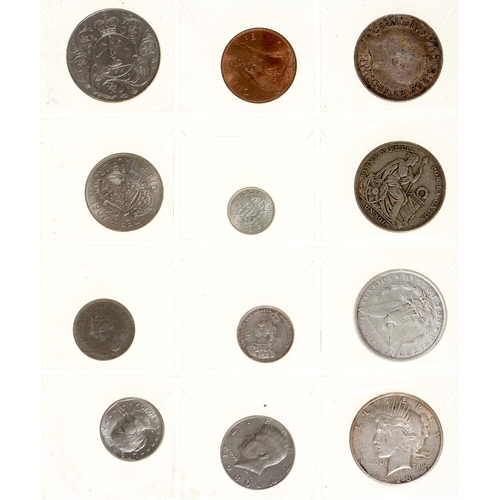 326 - Coins. Canada Dollar 1939, Peru One Sol 1924, United States of America Dollar 1882 and various other... 