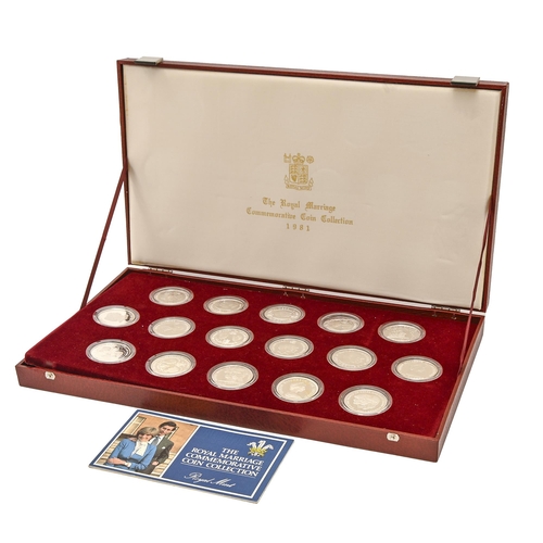 345 - Silver coins. Royal Wedding 1981, a set of sixteen United Kingdom and other commemorative Crowns, as... 