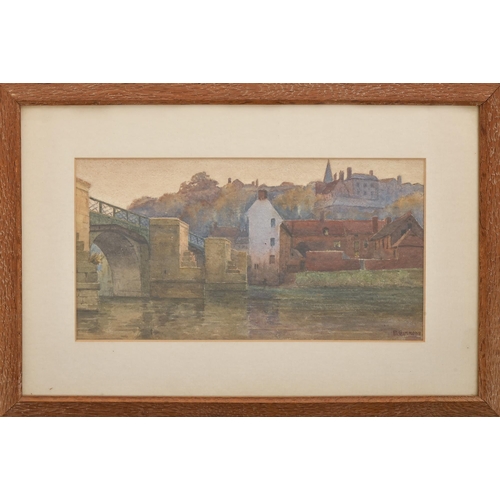 504 - Percy Simmons (Exhibited 1920-1926) - Bridgnorth Bridge, signed, watercolour, 16 x 30.5cm... 