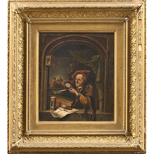 510 - After Gerrit Dou -  A Scholar Sharpening his Quill, oil on canvas, 22.5 x 20cm