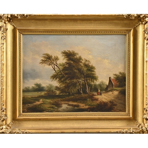 547 - English School, mid-19th c - Figures Walking in a Landscape, indistinctly signed in the lower-right ... 