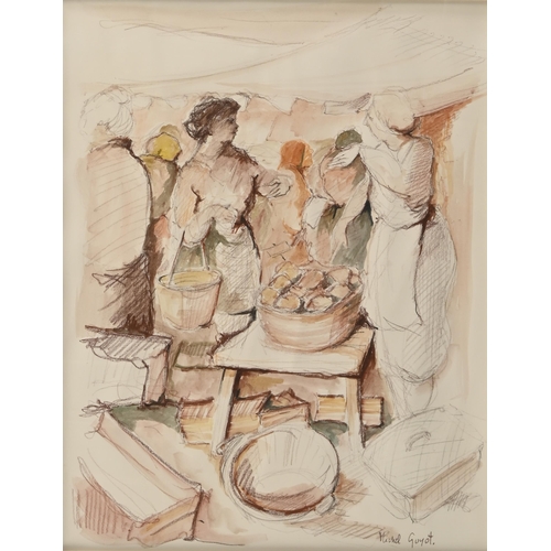 558 - Michel Guyot (b. 1948) - The Market, signed, watercolour, 58 x 44cm, another two smaller works by th... 