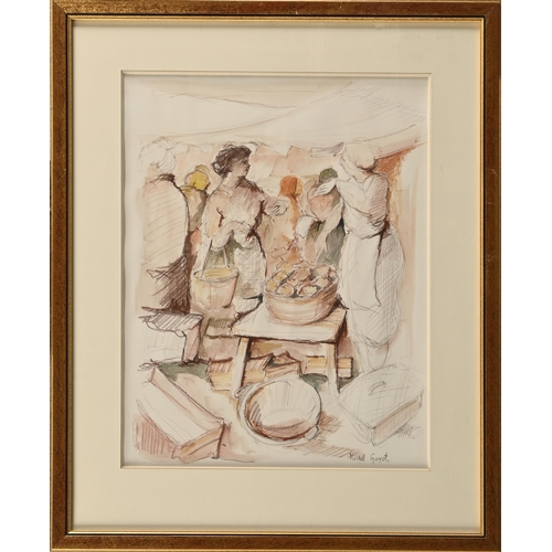 558 - Michel Guyot (b. 1948) - The Market, signed, watercolour, 58 x 44cm, another two smaller works by th... 