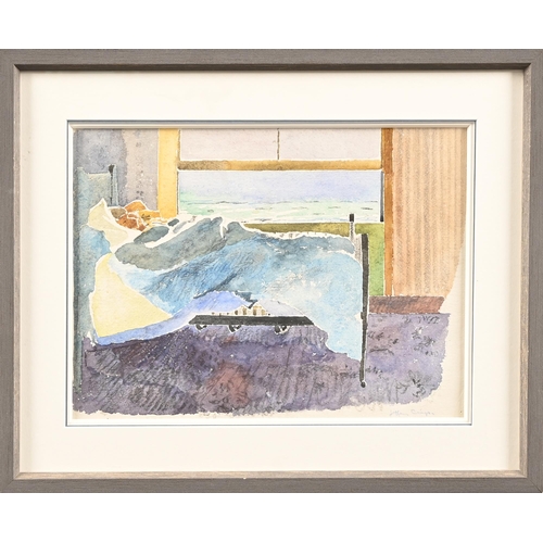 577 - Jeffery Camp (1923-2020) - Bedroom by the Sea, signed, watercolour, 24.5 x 33.5cm, sold with the cat... 