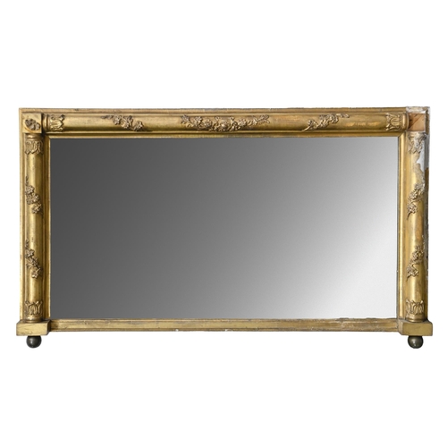 599 - An antique style giltwood and composition overmantle mirror, on brass globular feet, 72 x 121cm... 