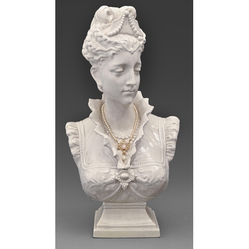 61 - A renaissance style white glazed earthenware bust of a lady, late 20th c, 58cm h