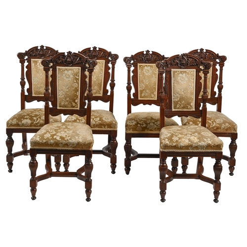 640 - A set of six Victorian carved walnut dining chairs, c1900, with padded back, 105cm h... 