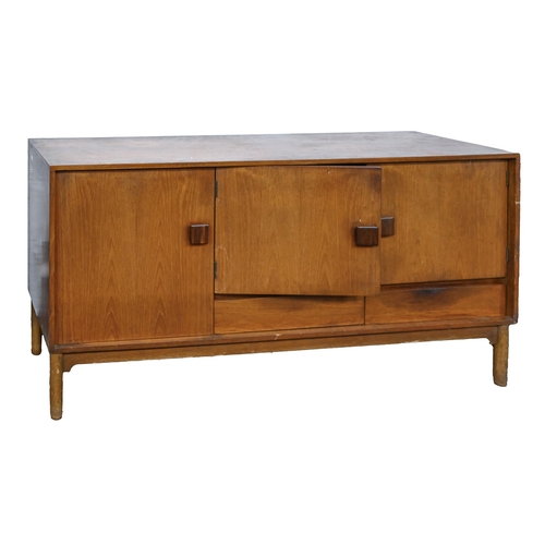 689 - A mid century teak sideboard, 80cm h; 153 x 45cm, a contemporary set of four dining chairs and a dro... 