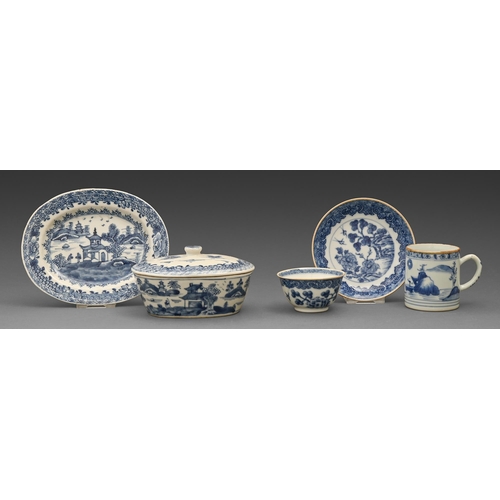 69 - A Chinese export blue and white porcelain tureen, cover and stand, tea bowl and saucer and coffee cu... 