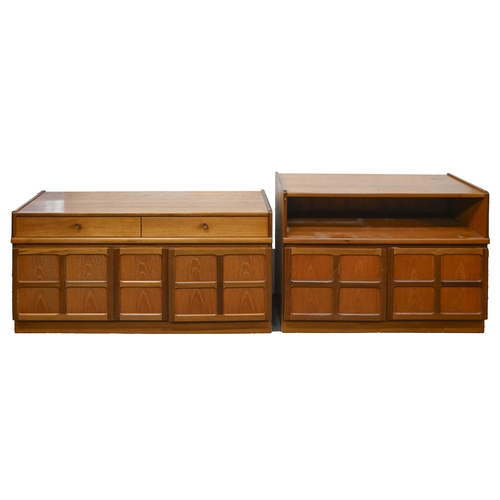 734 - A set of three teak cupboards, 1970s, with panelled doors and a walnut nest of tables (6)... 