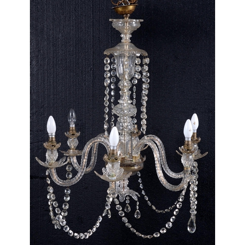 738 - A cut and moulded glass six-branch chandelier, first half 20th c, with hanging glass pendants, 90 x ... 