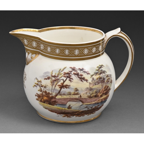 76 - An English porcelain jug, c1820, painted with a landscape and flowers divided by gilt initials, the ... 