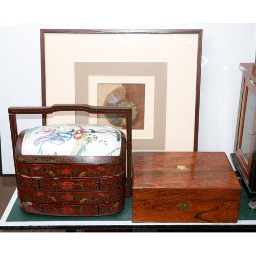 781 - A Victorian rosewood writing box, 35cm l, two painted terracotta baker and wife dolls beneath glass ... 