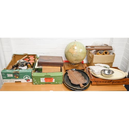 831 - A terrestrial globe, tin plate, papier mache and other teatrays and miscellaneous other wood and met... 