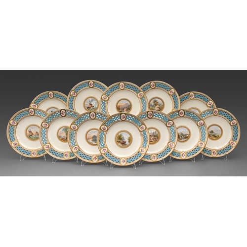 84 - A set of twelve Minton Pierced shape dessert plates, c1863, painted with a central pastoral landscap... 